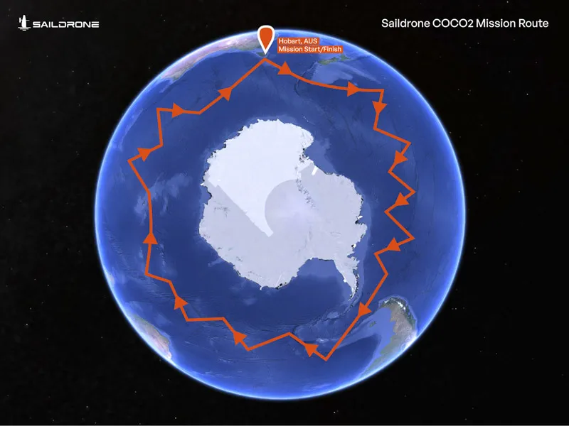The approximate route that the autonomous ocean drone deployed from Australia will travel to circumnavigate Antarctica. 